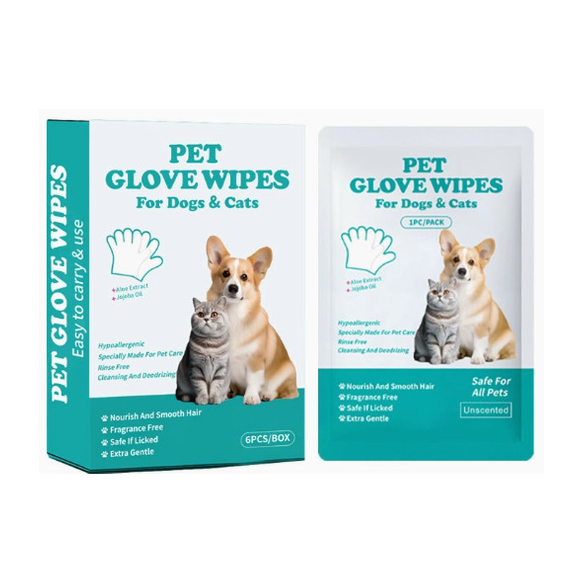 Pet glove wipes boxed retail format with individually packed pouch